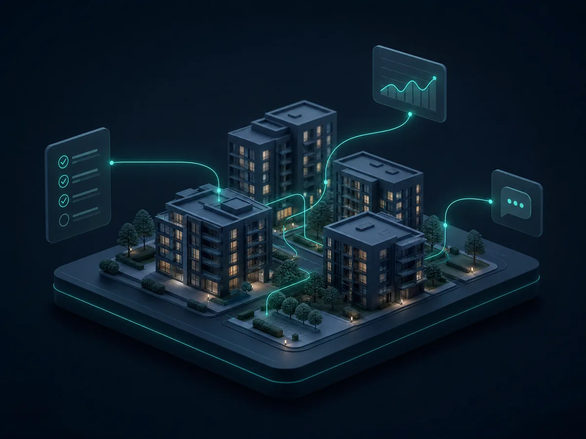 Isometrische Visualisierung einer KI-vernetzten Immobilienverwaltung: Wohngebäude mit Datenflüssen zu Aufgaben, Auswertungen und Kommunikation von mitarbyte
